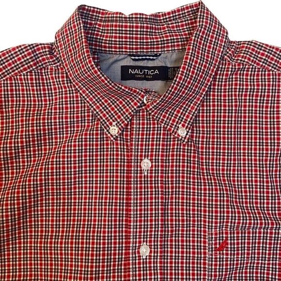 Nautica Long Sleeve Button Up Dress Shirt Small Pattern Red Navy Plaid Men Sz XL - Picture 3 of 12